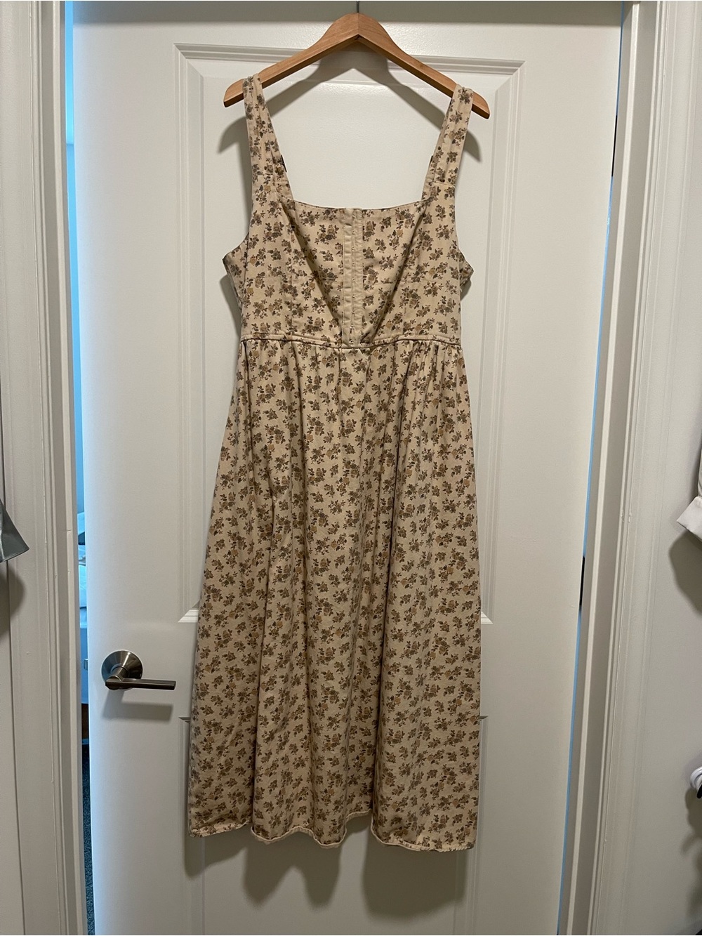 Moon River Beige Floral Midi Dress with Square Neckline